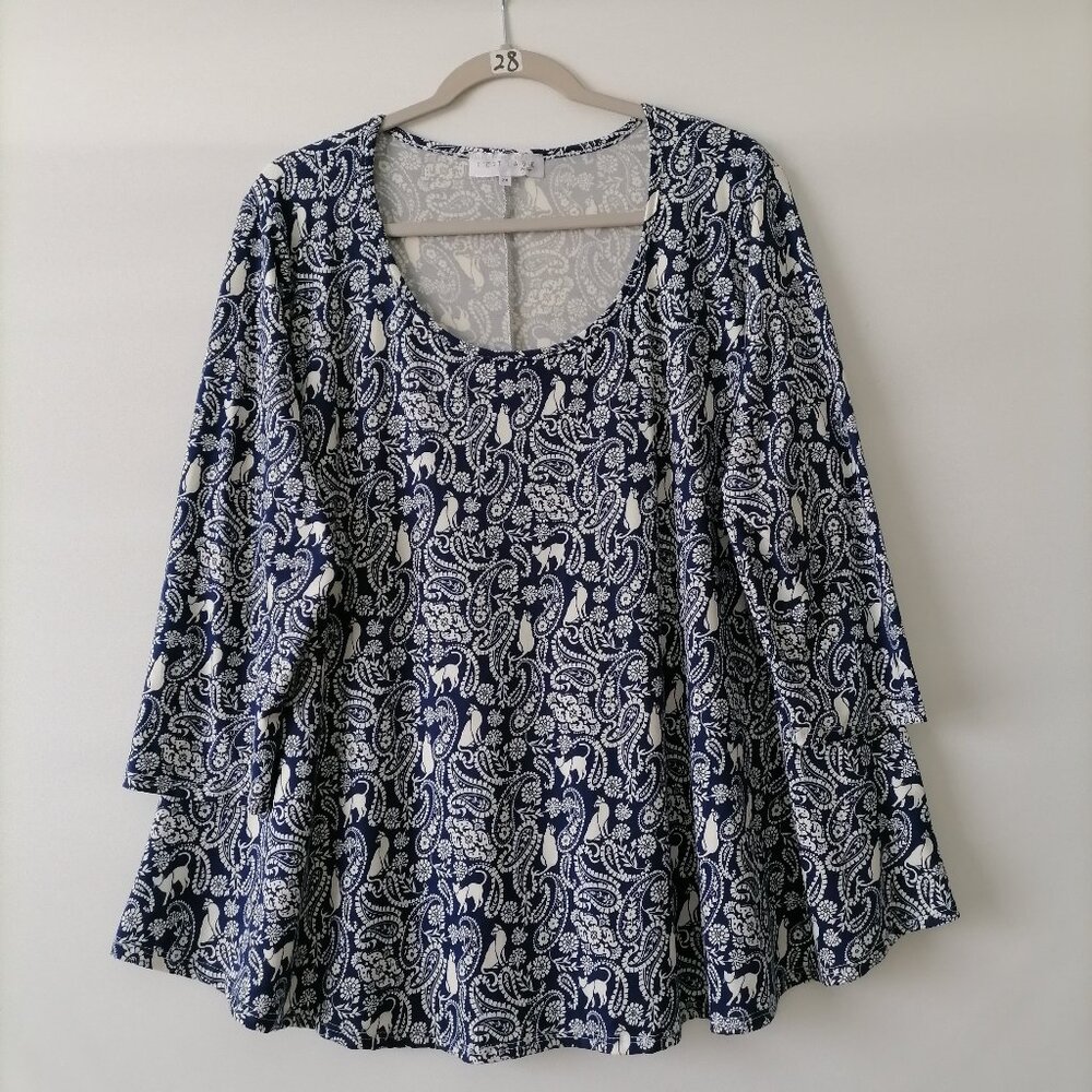 C' Est lA Vie Womens Navy Blue Round Neck 3/4 Sleeve Paisley Blouse Top Size 2X